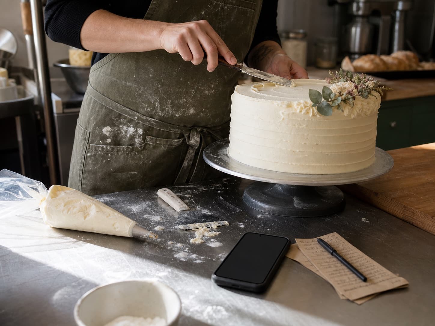 A baker finishing a buttercream cake beside a phone and prep notes